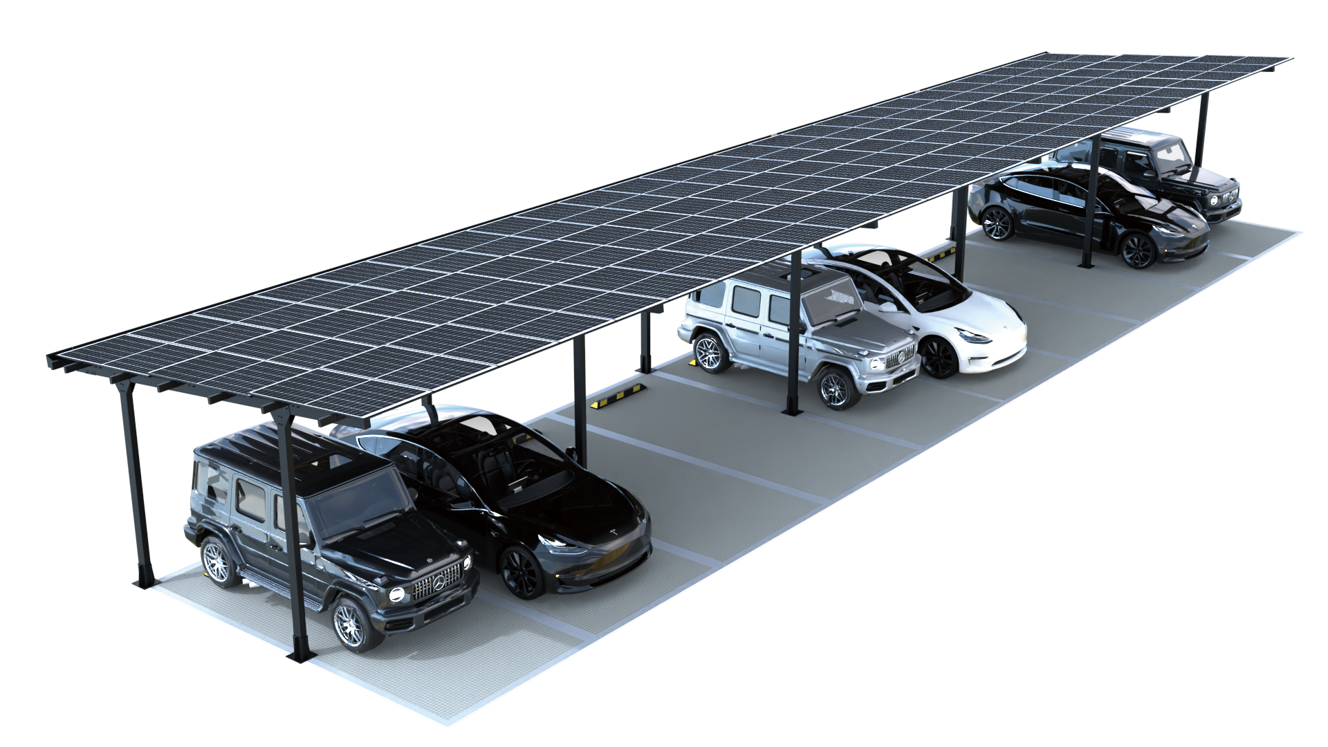 STRIX light steel solar carport shown with six parked vehicles